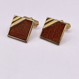 Vintage Swank Gold Tone Leather Cufflinks MCM Classic Modern 1" Inch Square